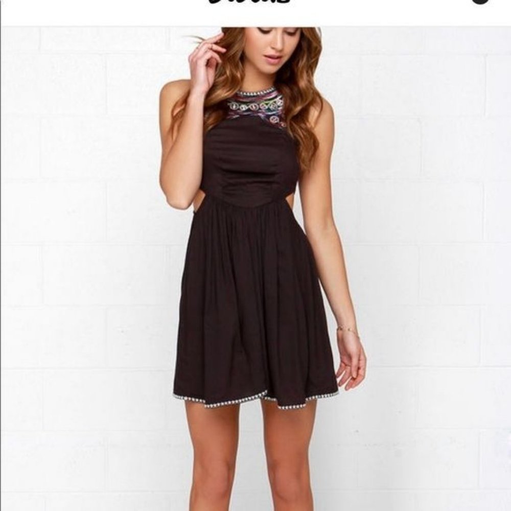 Billabong Sol Shining Embroidered Cut-Out Mini Dress Sleeveless Black